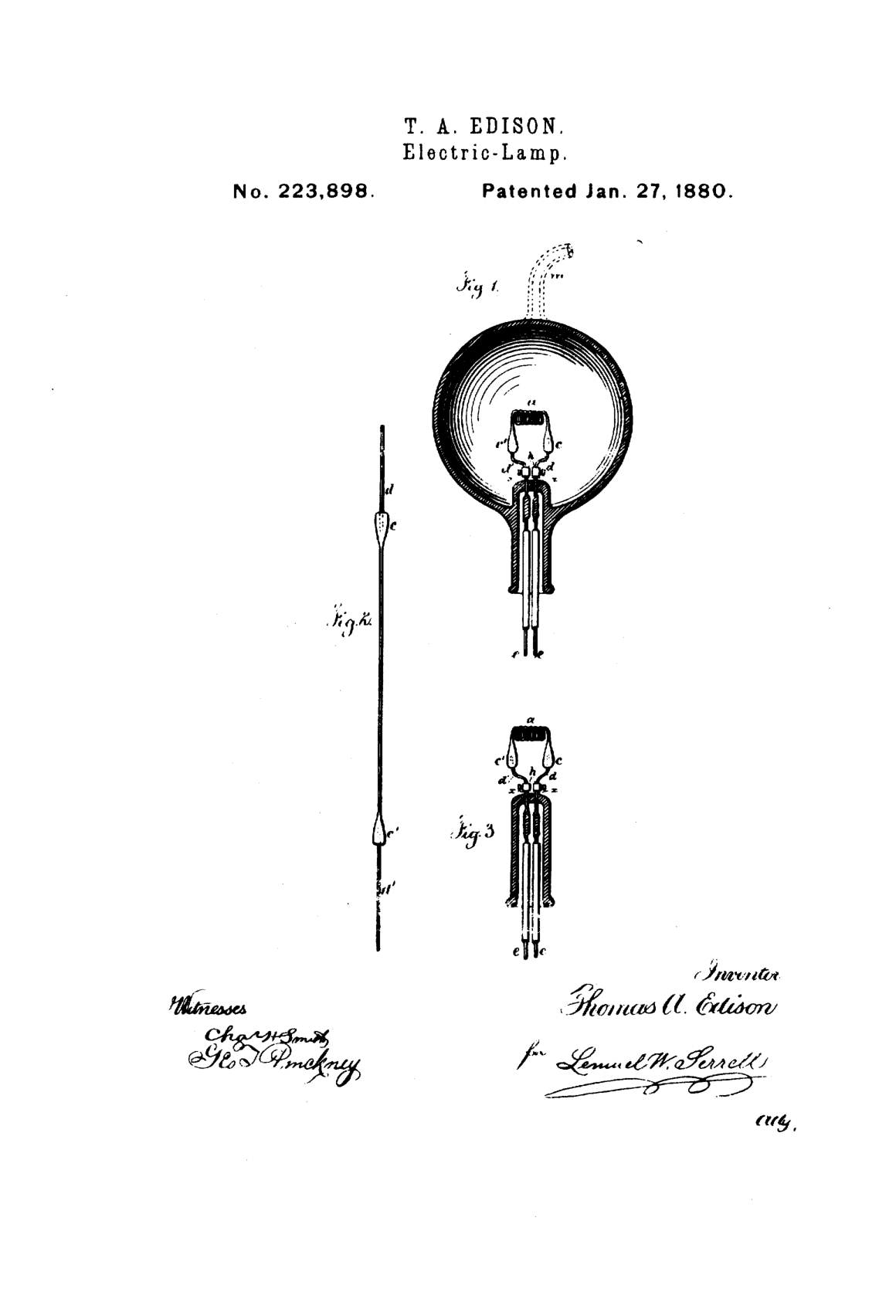 Original patent drawing from Thomas A. Edison's U.S. Patent 223,898, "Electric-Lamp" (1880): the carbon-filament incandescent bulb (Fig. 1) with detail figures of the filament and the lead-in wires.