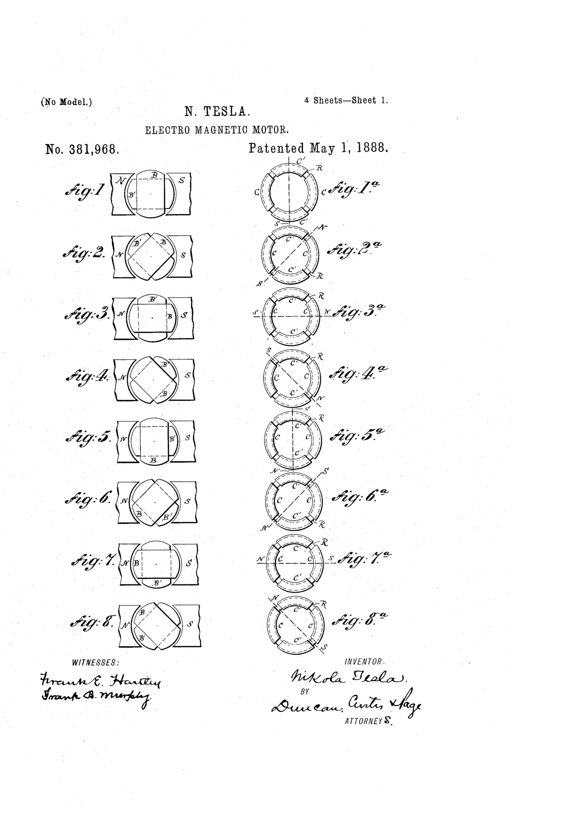 Original patent drawing sheet from Nikola Tesla's U.S. Patent 381,968, "Electro-Magnetic Motor" (1888): figures showing the alternating-current motor's field poles and armature in successive rotating positions.